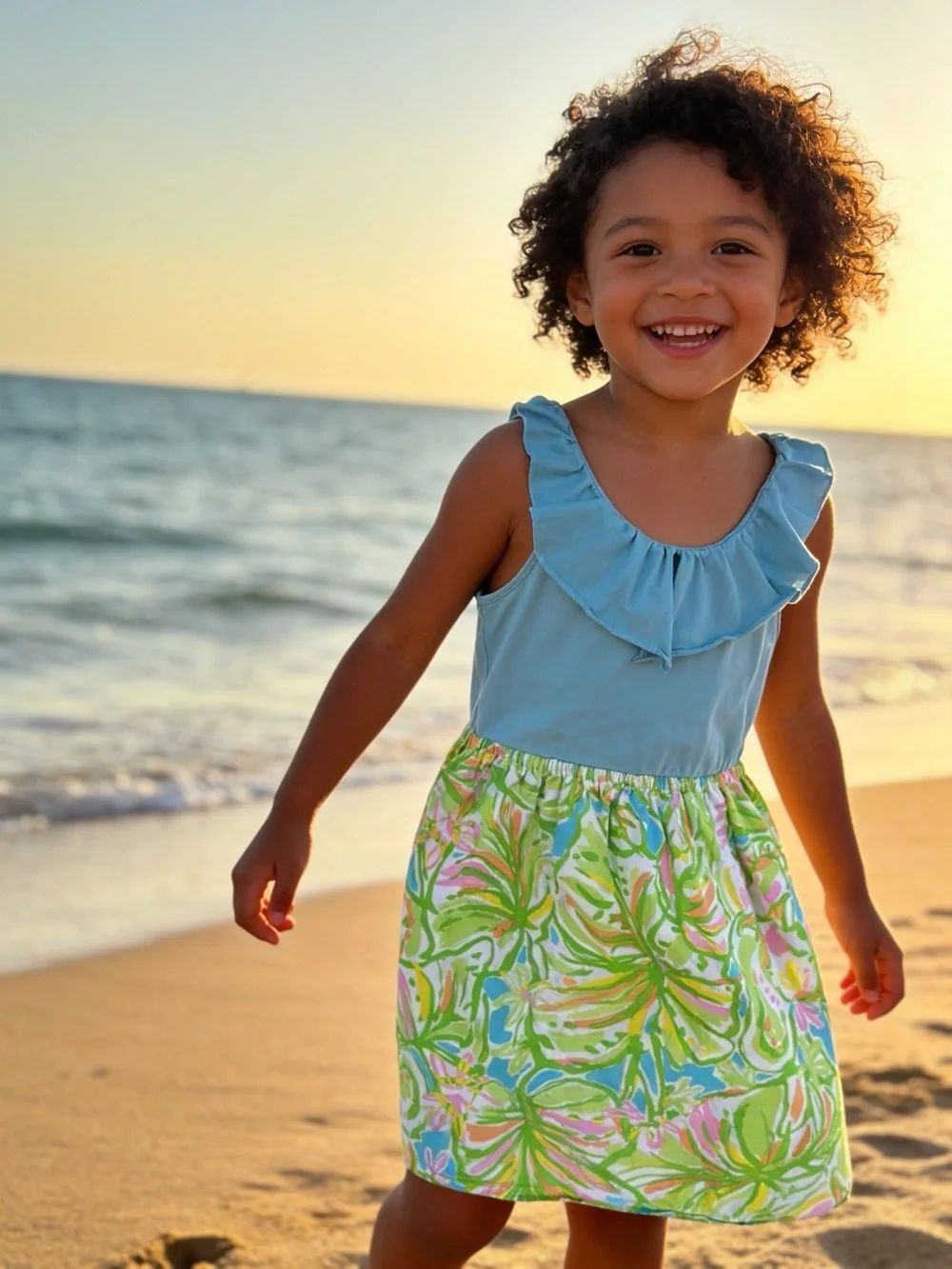 Lilly Pulitzer Girls' Aqua Ruffle Tank Dress with Tropical Print Skirt size 14